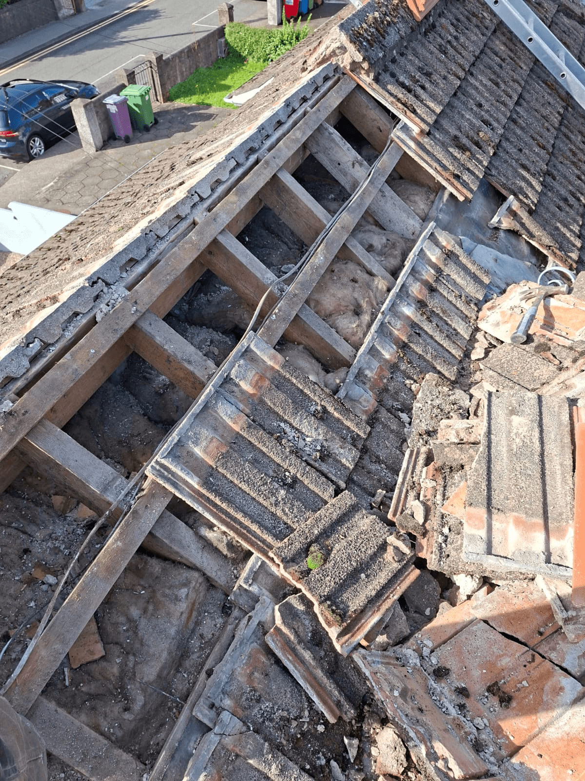 Roof repair — exposed structure before work